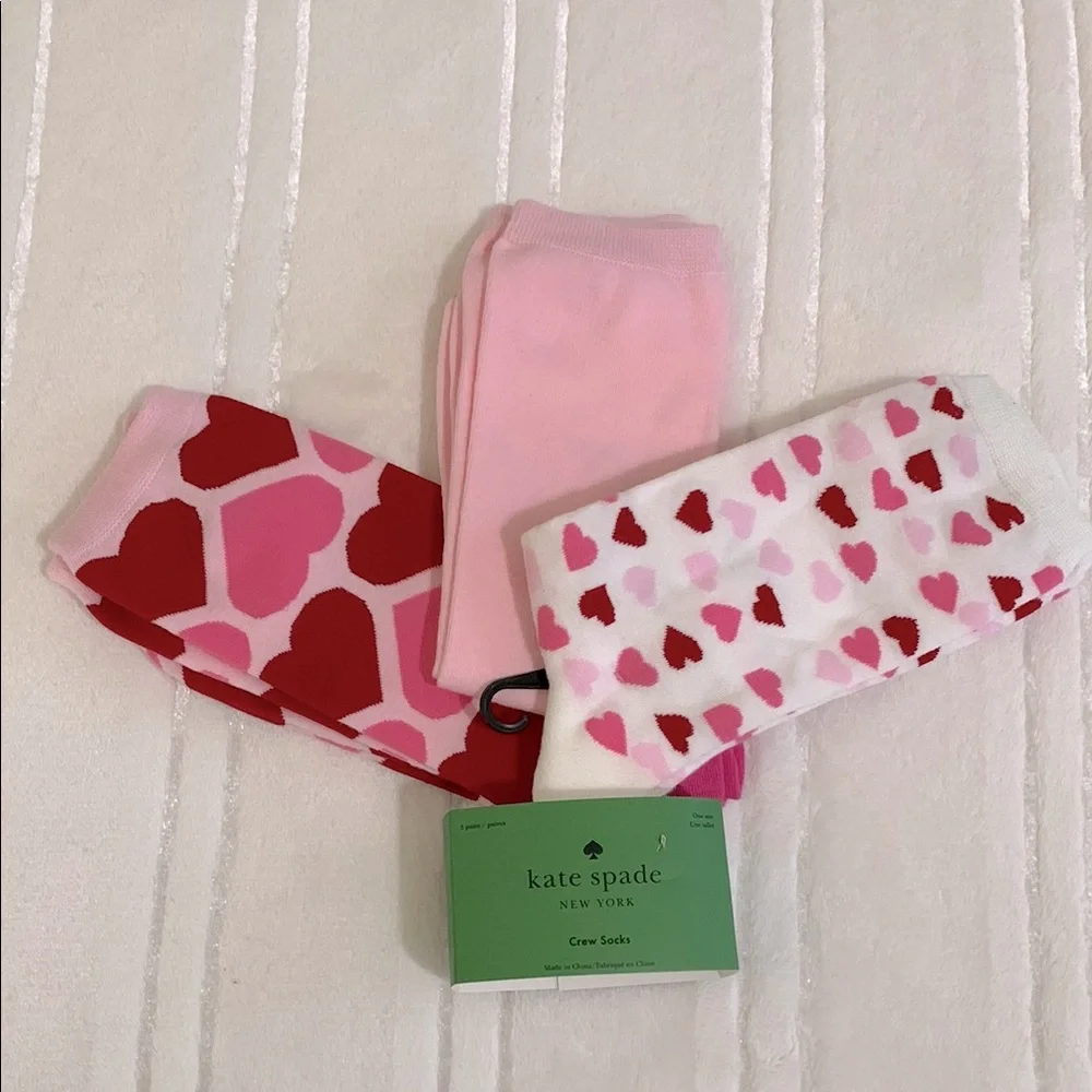 Kate Spade NY Pink Hearts Valentines Crew Socks 3 pairs One Size